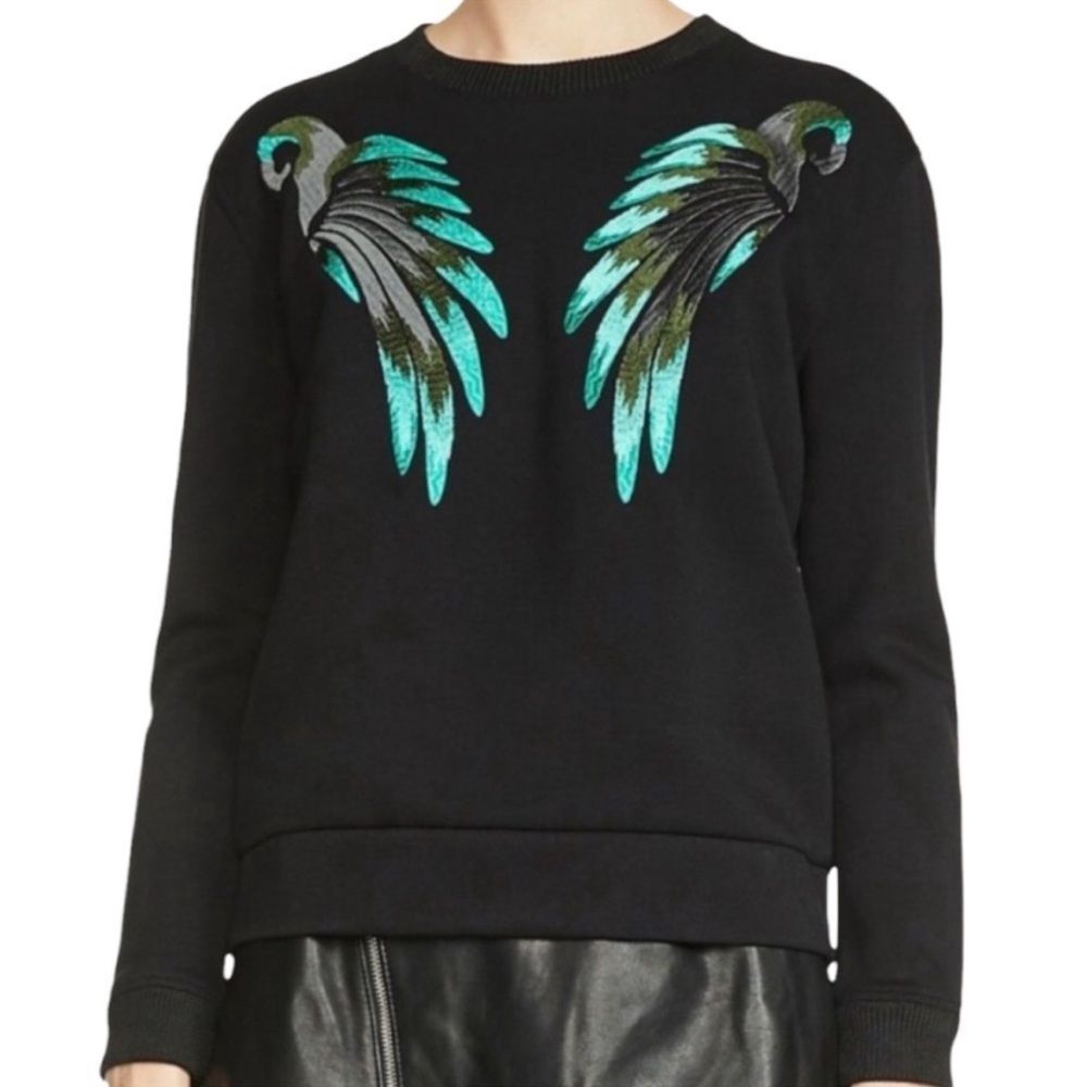 Maje Black Sweatshirt with Green and Blue Wing Design